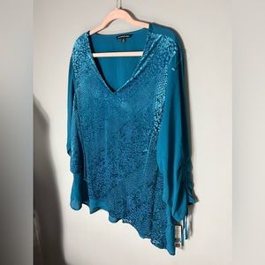 Zac & Rachel V-neck Velvet Burnout Top Women 2X Untamed Teal 3/4 Sleeve